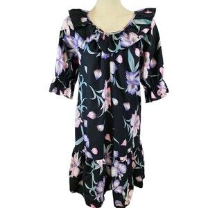 Hilo Hattie Dress Womans Small Black Tropical Hawaiian Floral Ruffle Muumuu Read
